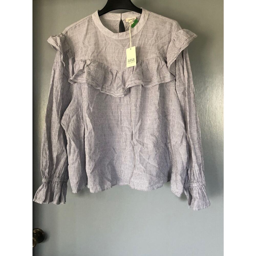 NWT a.n.a Womens Plus Long Sleeve Ruffled Top, 3X blue pin stripes